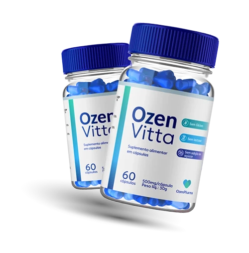 Frascos do suplemento alimentar OzenVitta com cápsulas azuis